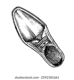 Men s shoes. A hand-drawn vector graphic illustration. Black and white image of shoes. Separate from the background. View from above. Perfect for postcards, banners, flyer, package, label, invitation