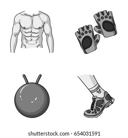 Men s torso, gymnastic gloves, jumping ball, sneakers. Fitnes set collection icons in monochromet style vector symbol stock illustration web.
