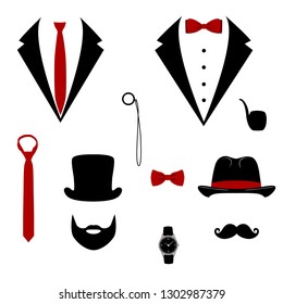 Men s tuxedo. Mustache, monocle, beard, pipe and top hat. Weddind suits with bow tie and with necktie. Vector illustration
