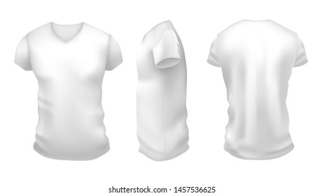 Men s white t-shirt with short sleeve mockup. Front, side and back view on white background. Vector template.