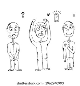men, sad man, angry man screaming, kind man smiling. Vector illustration. Isolated. Coloring pages for adults and children. Cartoon. Hand-drawn doodle style. Can be used in your projects in banners