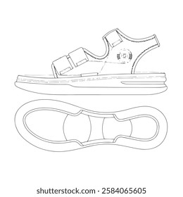 Men sandals flat sketch vector mockup template technical illustration.