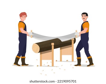 Men sawing the log with a manual saw. Woodcutters, carpenter working. Firewood preparation. Poster, banner. Flat vector illustration.