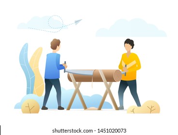 Men sawing tree log flat vector illustration. Sawmill workers cartoon characters. Colleagues cooperation, coworkers teamwork metaphor. Professional lumberjacks cut timberwood, woodcutter occupation.