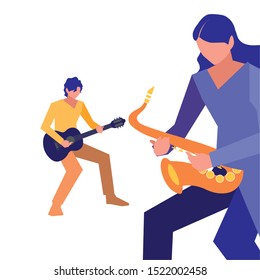 men with saxophone and guitar musicians concert event vector illustration