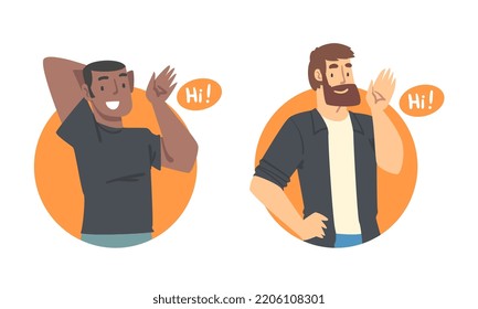 Men saying Hi. Smiling people doing greeting hand gesture cartoon vector illustration