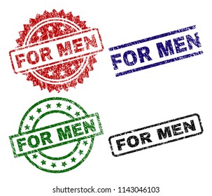 FOR MEN seal stamps with damaged surface. Black, green,red,blue vector rubber prints of FOR MEN caption with unclean surface. Rubber seals with round, rectangle, medallion shapes.