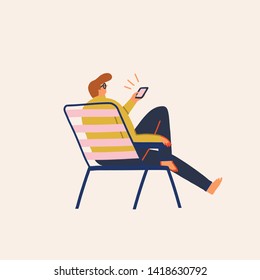Men searching a job, shopping and buying on line tickets, planning travel, using  mobile app vector illustration. 