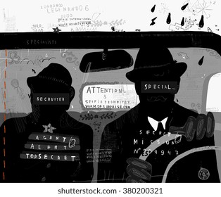 Men, secret agents, in a car.