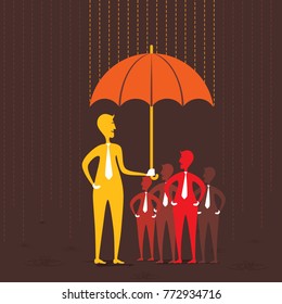 men secure or insure group of people under umbrella, insurance concept design