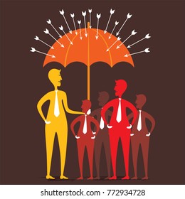 men secure or insure group of people under umbrella, insurance concept design