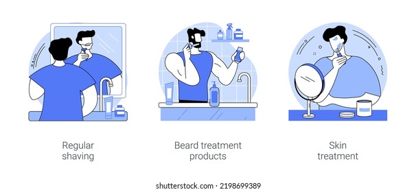 Men self-care isolated cartoon vector illustrations set. Young man shaving at home in the morning in front of mirror, apply beard treatment product, skin treatment, man beauty vector cartoon.