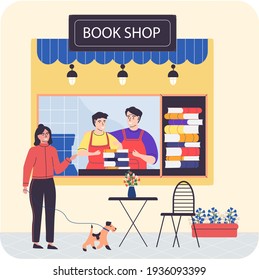 Men sell books in bookstore. Girl stands with dog and looks at library with outdoor reading space