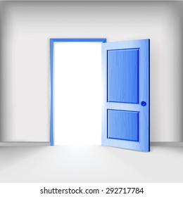 Men service creative illustration. Open blue color door.
