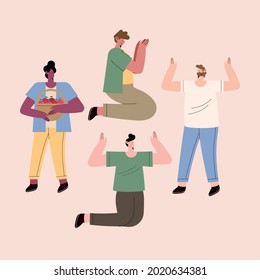 men set with hands up praising on white background