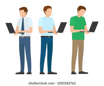 Men set standing full length working on laptop vector illustration isolated on white. Office workers with notebooks, startup in intrernet concept