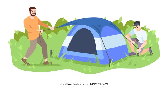 Men setting up camp flat vector illustration. Friends, campers, father and son cartoon characters. Summer activity, outdoor adventure. Tent installation process isolated on white background