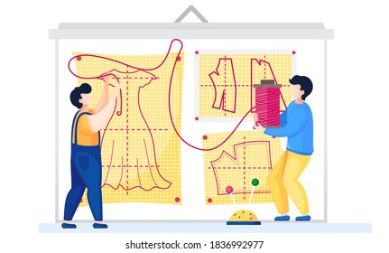 Men sewing a plan for future clothes. Fashion designers making a pattern on yellow paper. Future cloth planning. Men pull a pink thread for a future jacket. Two men hold a skein of thread and needles