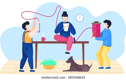 Men sewing a plan for future clothes. Fashion designers making a textile. Future cloth planning. Men pull a pink thread for a future jacket. Two men hold a skein of thread and needles around girl