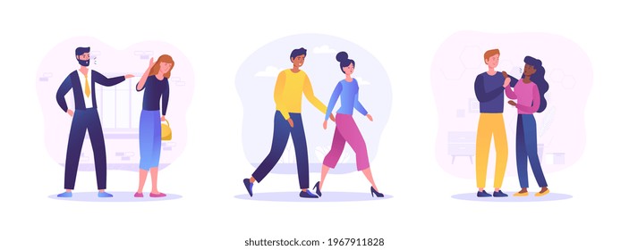 Men Sexually Harassing Women. Men Abuse Their Physical Strength Against Women. Domestic And Work Violence, Sex Discrimination Concept. Set Of Flat Cartoon Vector Illustrations Isolated On White.