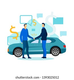 Men Shake Hand. Make Successful Deal. Mens Handshake. Business Meeting. Vector Illustration. Teamwork. Business Partnership. Buying Car. Man in front Blue Car. Conclude an Agreement.
