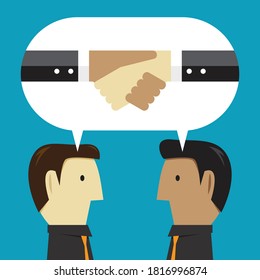 Men with shaking hands in business thought bubble, vector illustration in flat style