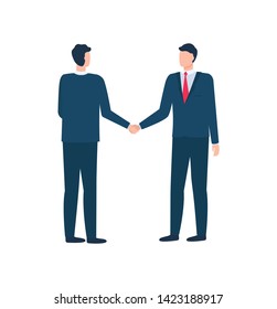 Men shaking hands, meeting of delegates, businessmen characters standing together, portrait and back view of workers in suit, company cooperation vector