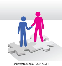 men shaking hands on jigsaw puzzle parts