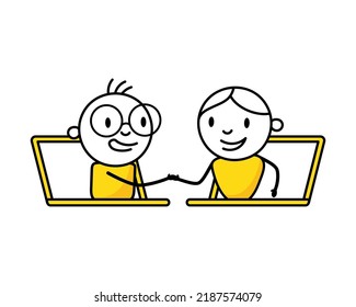 Männer, die durch den Laptop-Bildschirm Hände schütteln. Handshake von Geschäftspartnern. Vektorgrafik.