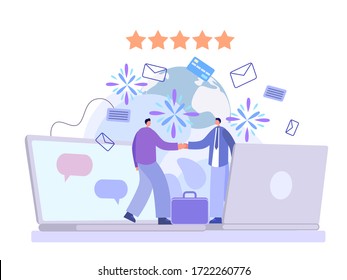 Men are shaking hands through laptops. Metaphor distance business. Business online concept. Five stars