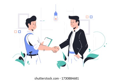 Men shaking hands vector illustration. Client and repairman handshaking. Male persons discussing order details and making deal flat style design. Isolated on white