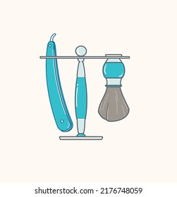 Men shaving razor, brush and stand in flat vector illustration