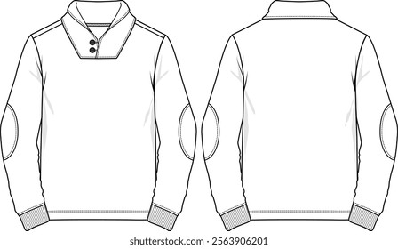 Men shawl-collar sweatshirt long sleeves, elbow patch, ribbed cuff,  button loops at collar, sketch front and back, vectors