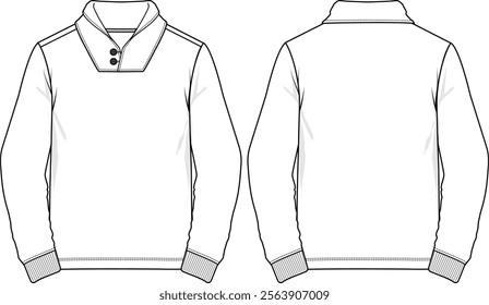 Men shawl-collar sweatshirt long sleeves, ribbed cuff, button loops at collar, sketch front and back, vectors