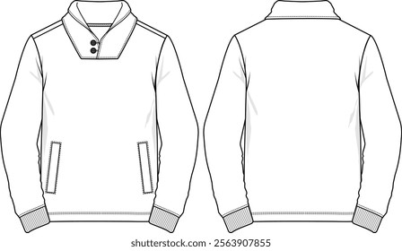 Men shawl-collar sweatshirt long sleeves, welt pockets, ribbed cuff,  button loops at collar, sketch front and back, vectors