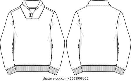 Men shawl-collar sweatshirt long sleeves, ribbed cuff, ribbed bottom band, button loops at collar, sketch front and back, vectors