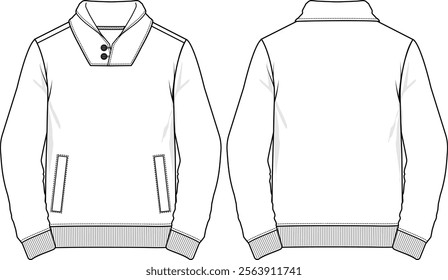 Men shawl-collar sweatshirt long sleeves, welt pockets, ribbed cuff, ribbed bottom band, button loops at collar, sketch front and back, vectors