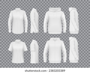 Men shirt, hoody and polo mockups. White short-sleeved and longsleeve shirt, man modern sweatshirt, isolated hoodie with zipper and pockets, clothing front, side and back view realistic vector mock up