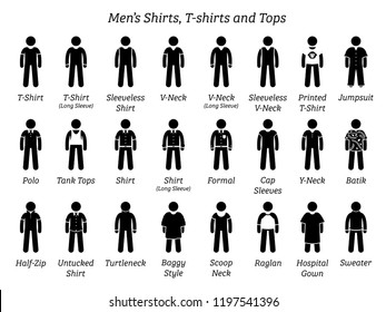 Men shirts, t-shirts, and tops. Stick figures depict a set of different types of shirts, t-shirts, and tops. This fashion clothings design are wear by men or male.