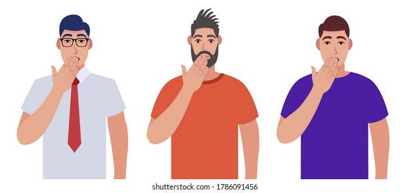 Men shocked covering mouth with hand for mistake. Expression of fear, scared in silence, secret concept. Character set. Vector illustration in cartoon style.