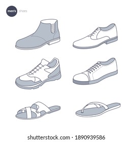 Men shoes. Clothes icons, thin line style. Retail online store catalog sections signs and objects. Vector collection.