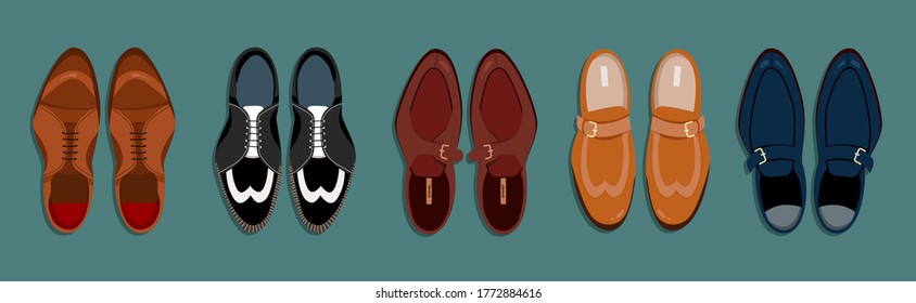 Men shoes collection top down view. Classic men shoes isolated illustration. Hand-drawn vector clip art for web banner and print. Trendy flat-lay style illustration of a men shoe pairs. 