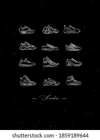 Men shoes different types of sneakers set drawing in vintage style on black background