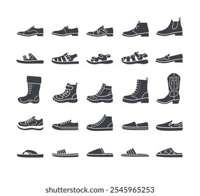 Men shoes for every season and occasion. Simple solid silhouette icons for clothes shop. Male dress shoes, casual footwear, different sneakers, boots, sandals, slippers. Side view, isolated