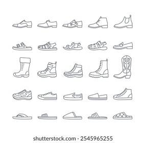 Men shoes for every season and occasion. Simple thin line icons for clothes shop. Male dress shoes, casual footwear, different sneakers, boots, sandals, slippers. Side view, editable stroke, isolated