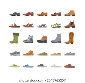 Herren Schuhe für jede Jahreszeit und Anlass. Einfache flache Farbe Symbole für Kleidung Shop. Herrenschuhe, Freizeitschuhe, verschiedene Turnschuhe, Stiefel, Sandalen, Hausschuhe. Seitenansicht, einzeln