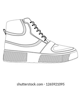 Men shoes high top sneakers isolated. Male man season shoes icons. Technical sketch. Footwear vector illustration