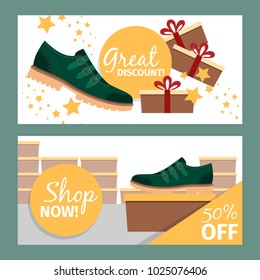 Men shoes horizontal banners. Vector summer fashion model green man shoe store and discount, vector illustration