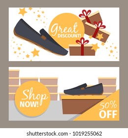 Men shoes horizontal flyers. Vector fashion model, man shoe store