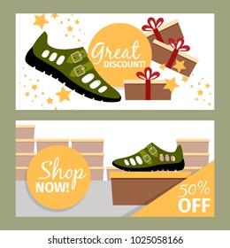 Men shoes horizontal flyers. Vector summer fashion model, green man shoe store and discount